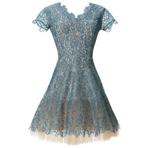 nha khanh On Cloud Nine Teal Blue Lace Tulle Cap Sleeve V-Neck Mini Dress Sz 10